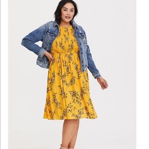 YELLOW FLORAL SMOCKED CHALLIS DRESS